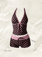 Women Swimwears Polka Dot 2-Piece Tankini Set Halter V Neck Front Tie Cami Top & Contrast Waistband Drawstring Swim Shorts - Matrix-studios.com
