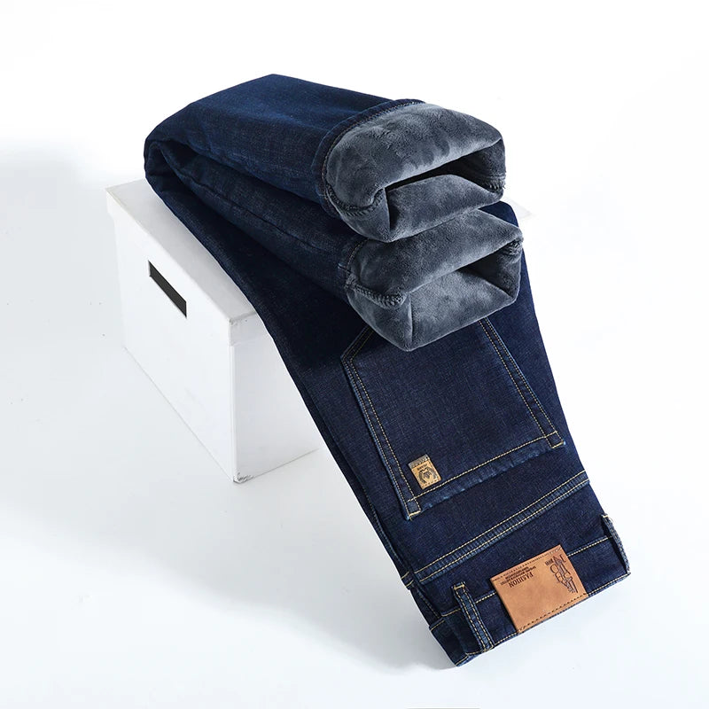 Winter Warm Fleece Jeans Men's Thick Thermal Casual Straight Denim Pants Male Business Work Stretch Trousers New Clothing - Matrix Studios