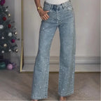 2025 Women Jeans Straight Diamonds Pants Stretch High Waist Washed Mom Jeans Y2k Streetwear Trousers Vintage Denims Streetwear - Matrix-studios.com
