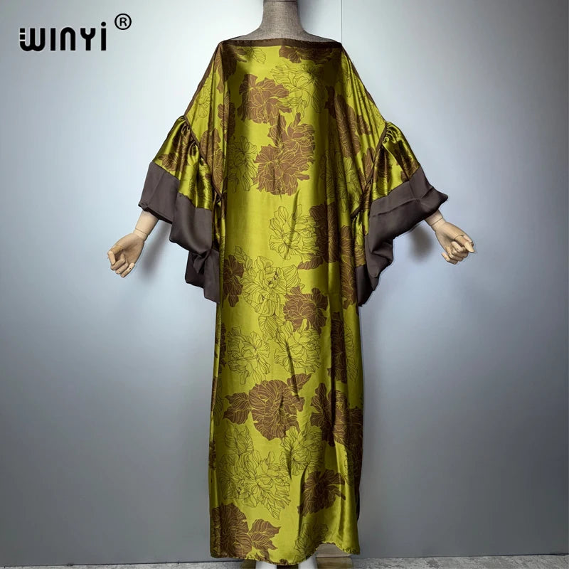 WINYI Summer Puff(ed) Sleeves Evening Dress Abaya Dubai Luxury Female Loose Print Kaftan Muslim Woman Clothing Beach Dress - Matrix-studios.com