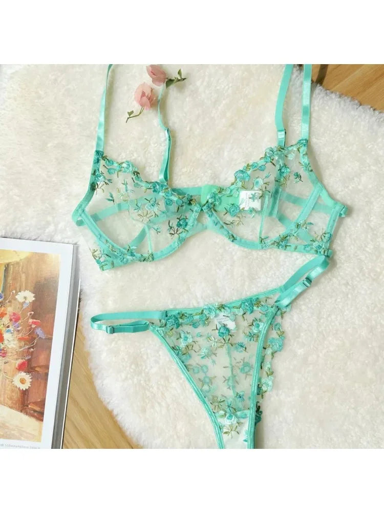 YUQI French Elegant Lingerie Set-Floral Embroidery Semi-Transparent Bra & Brief,Black Sensual Women's Underwear Luxury Intimates - Matrix-studios.com