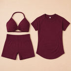 3 Pieces Gym Set Woman Seamless Short Sleeve Top Scrunch Gym Shorts Sport Strappy Bra Bodysuit Workout Suits Gym Clothes - Matrix-studios.com