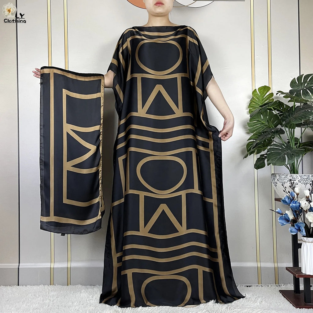 Muslim Abayas For Women 2023 New Fashion Printed Silk Soft Loose Femme Elegant Robe African Maxi Party Dresses With Belt Turban - Matrix-studios.com