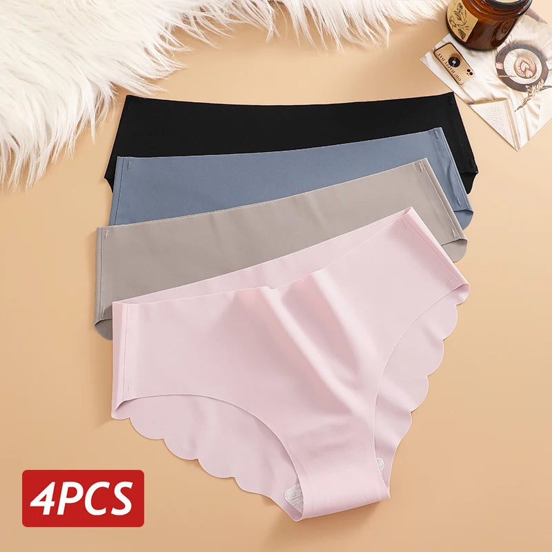 Ice Silk Seamless Panties 4PCS/Set Women's Briefs Solid Color Elastic Underwear Female Ultra Thin No Trace Wavy Side Panties - Matrix Studios