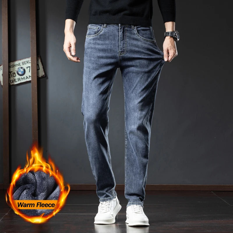 2025 Winter Fleece Jeans Men's Fashion Elastic Slim Straight Warm Trousers Thicken Business Casual Korean Thermal Denim Pants - Matrix Studios