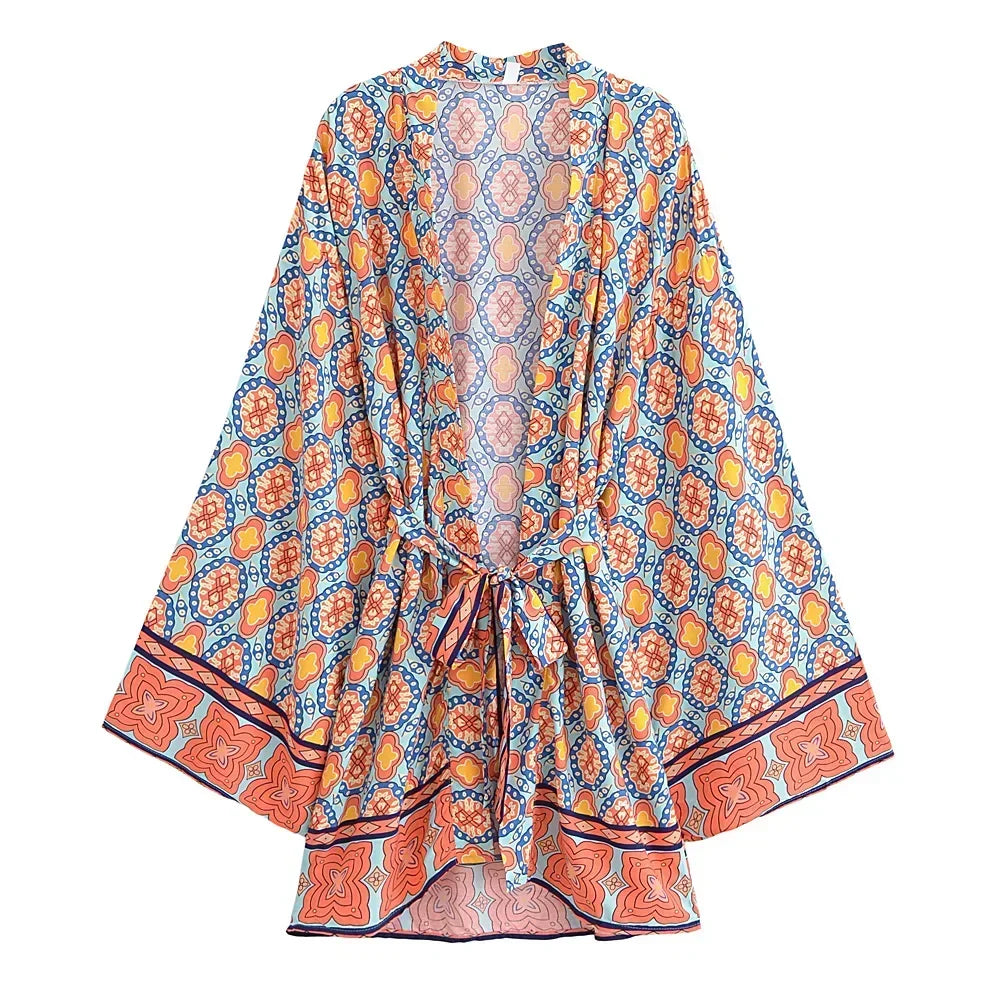 Happie Queens Women Floral Print Sashes Bat Sleeve Beach Bohemian Kimono Dresses Ladies V Neck  Summer Bikini Boho Cover-ups - Matrix Studios