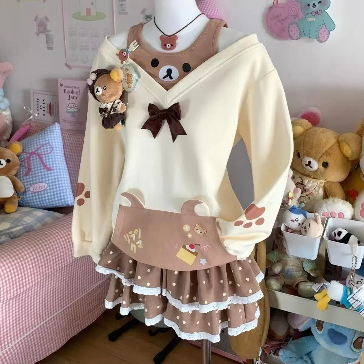 Japanese Kawaii Sweatshirts Women Autumn Sweet Bow Casual Off Shoulder Hoodies Design Elegant Lolita Tops Patchwork Coat - Matrix Studios