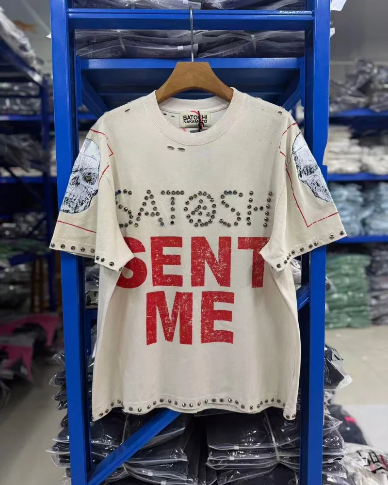 Summer Latest Highest Quality Fashion High Street SATOSHI NAKAMOTO Washed Distressed Beaded Destroyed Short-Sleeve T-Shirt - Matrix-studios.com