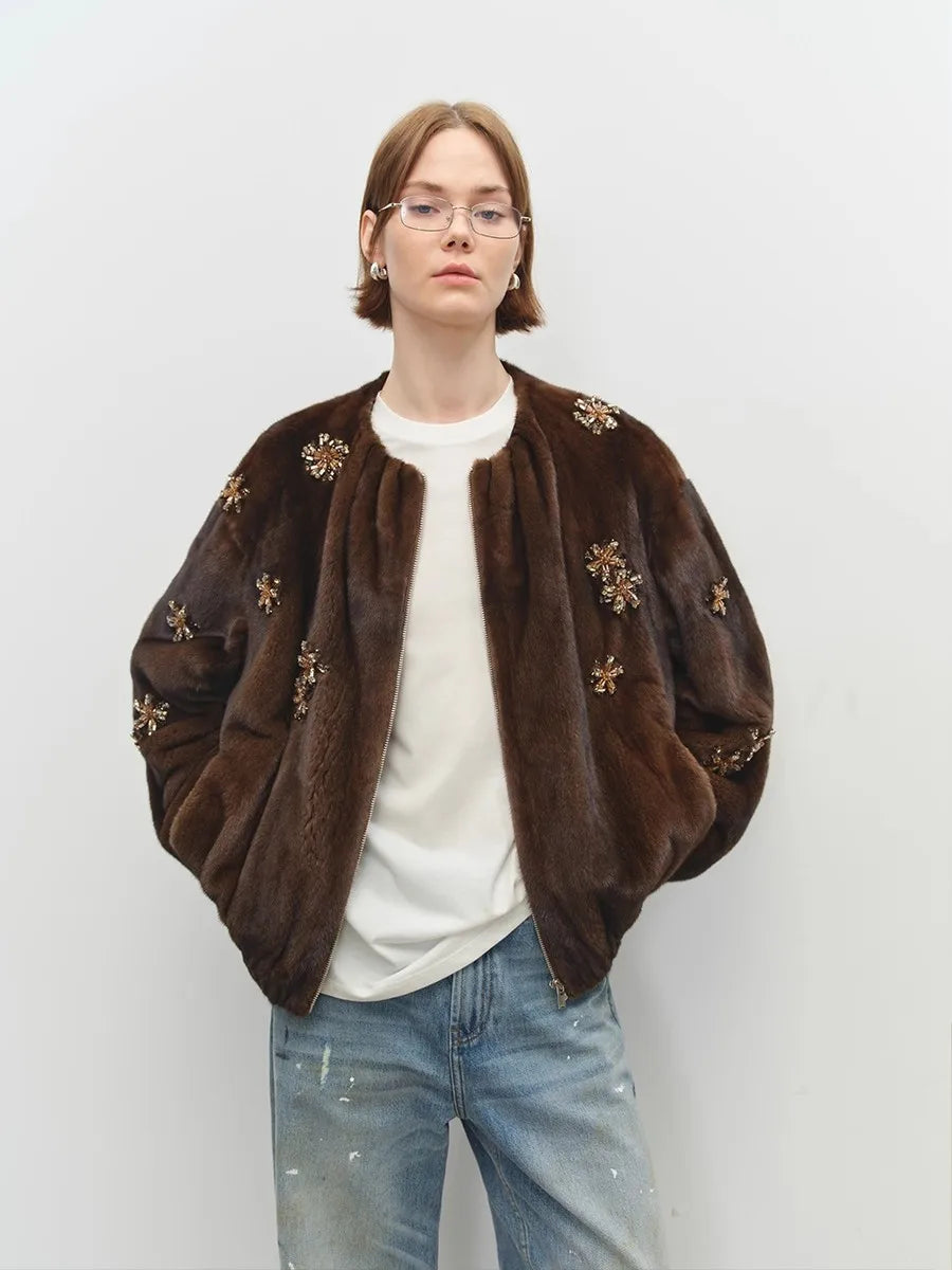 Lautaro Winter Luxury Elegant Thick Warm Soft Brown Short Faux Mink Fur Coat Women Beading Loose Stylish Chic Fluffy Jacket - Matrix Studios