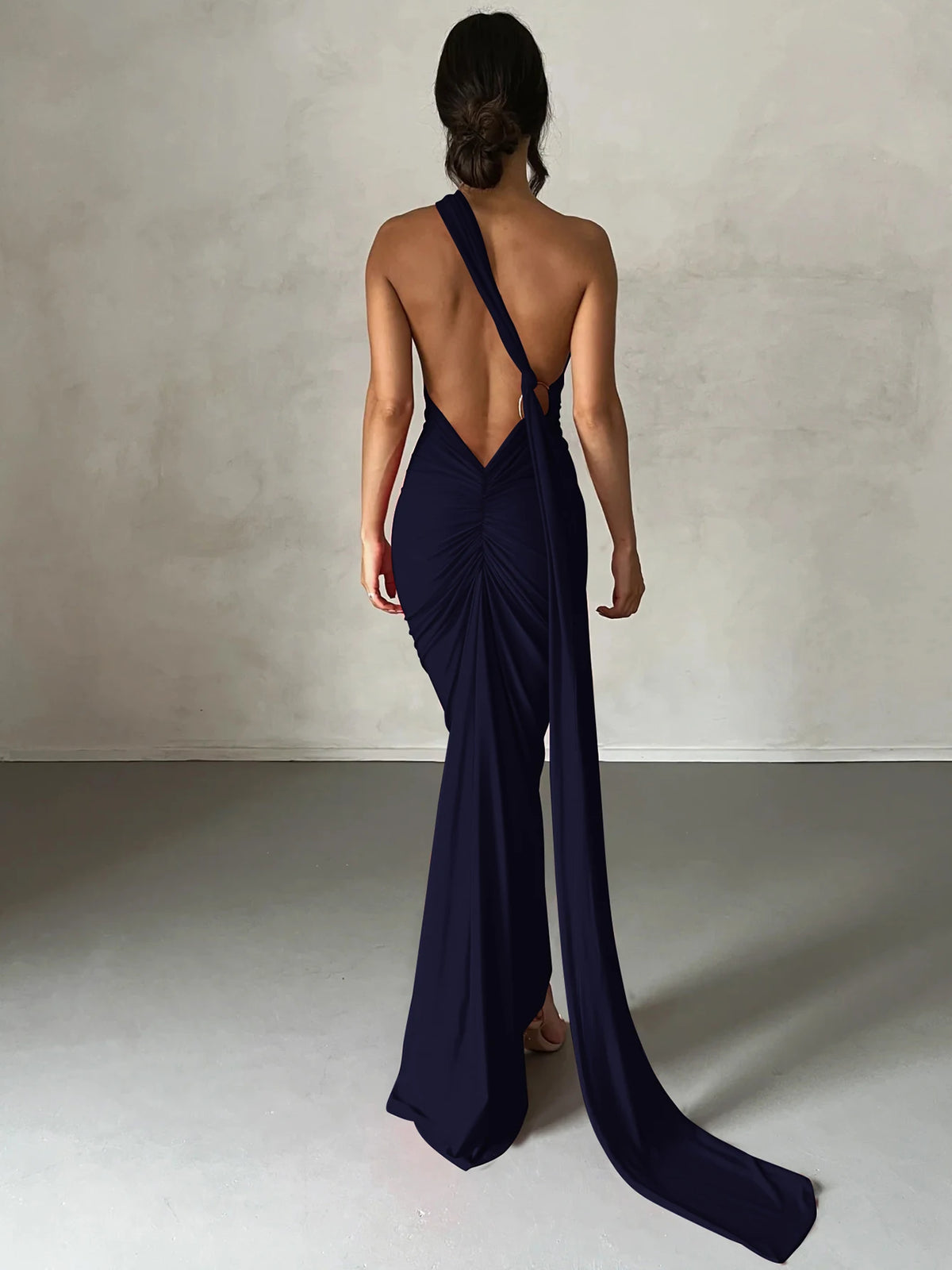 Hugcitar One Shoulder Backless Adjustable Scarf Loop Ruched Sexy Maxi Dress Women Elegant Y2K Streetwear Festival Outfit - Matrix-studios.com