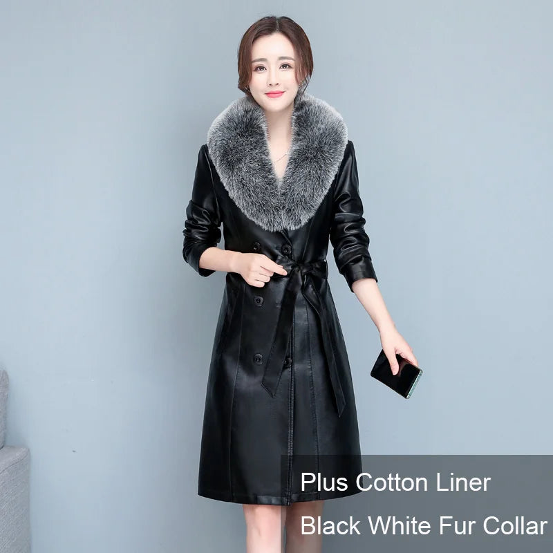 M-7XL Woman Sheepskin OverCoat Spring Autumn Winter 2026 Fashion Fur Collar Warm Thick Slim Long Sheep Leather Coat Female - Matrix Studios