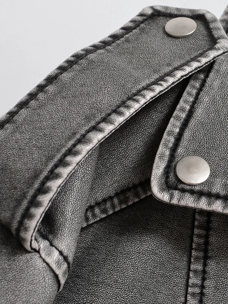 Ailegogo Women Vintage Loose Washed Faux Leather Short Jacket Streetwear Female Zipper Belt Moto Biker Retro Coat Outwear Tops - Matrix Studios