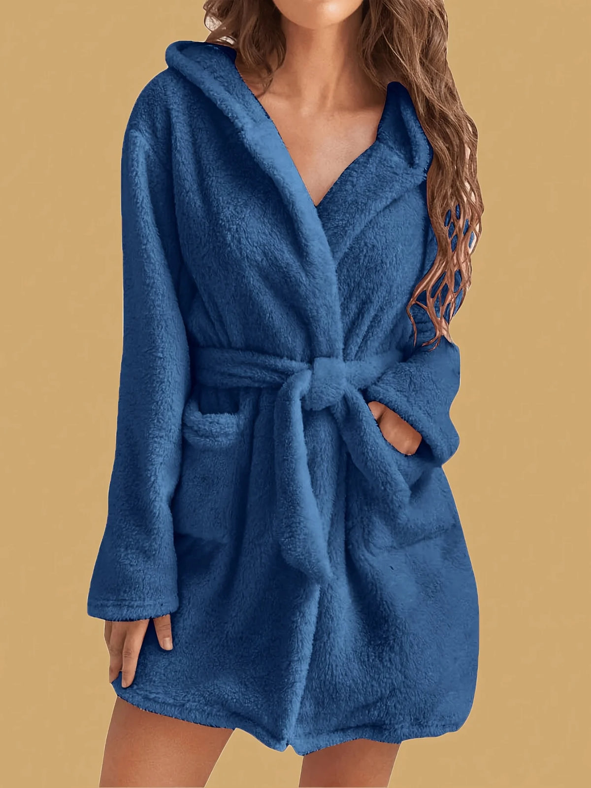 1 piece of women's solid color hooded robe with belt, cozy and warm fleece pajamas for home wear in autumn and winter. - Matrix-studios.com