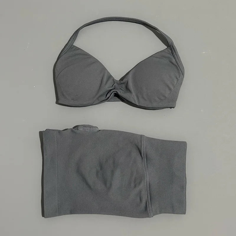HISTELLO Gym Set 2 Piece Women Strappy Yoga Bra Top Workout Scrunch Shorts Sports Suit Fitness Clothes Seamless Yoga Set - Matrix-studios.com