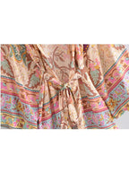 Happie Queens Vintage Peacock Floral Print Sashes Bohemian Kimono Women  V Neck Batwing Sleeves Short Robe Boho Bikini Cover-ups - Matrix Studios