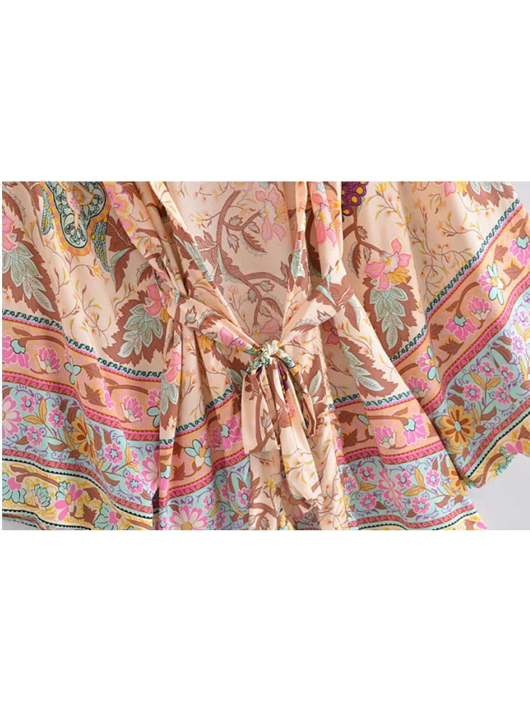 Happie Queens Vintage Peacock Floral Print Sashes Bohemian Kimono Women  V Neck Batwing Sleeves Short Robe Boho Bikini Cover-ups - Matrix Studios