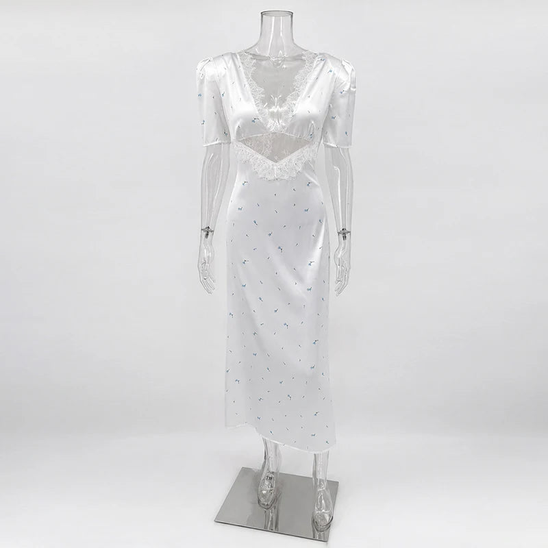 TARUXY Sexy Hollow Lace Dress Women's Fashion Short Sleeve Elegant High Waist Slim Print Dress Summer Party Club Clothes Female - Matrix-studios.com