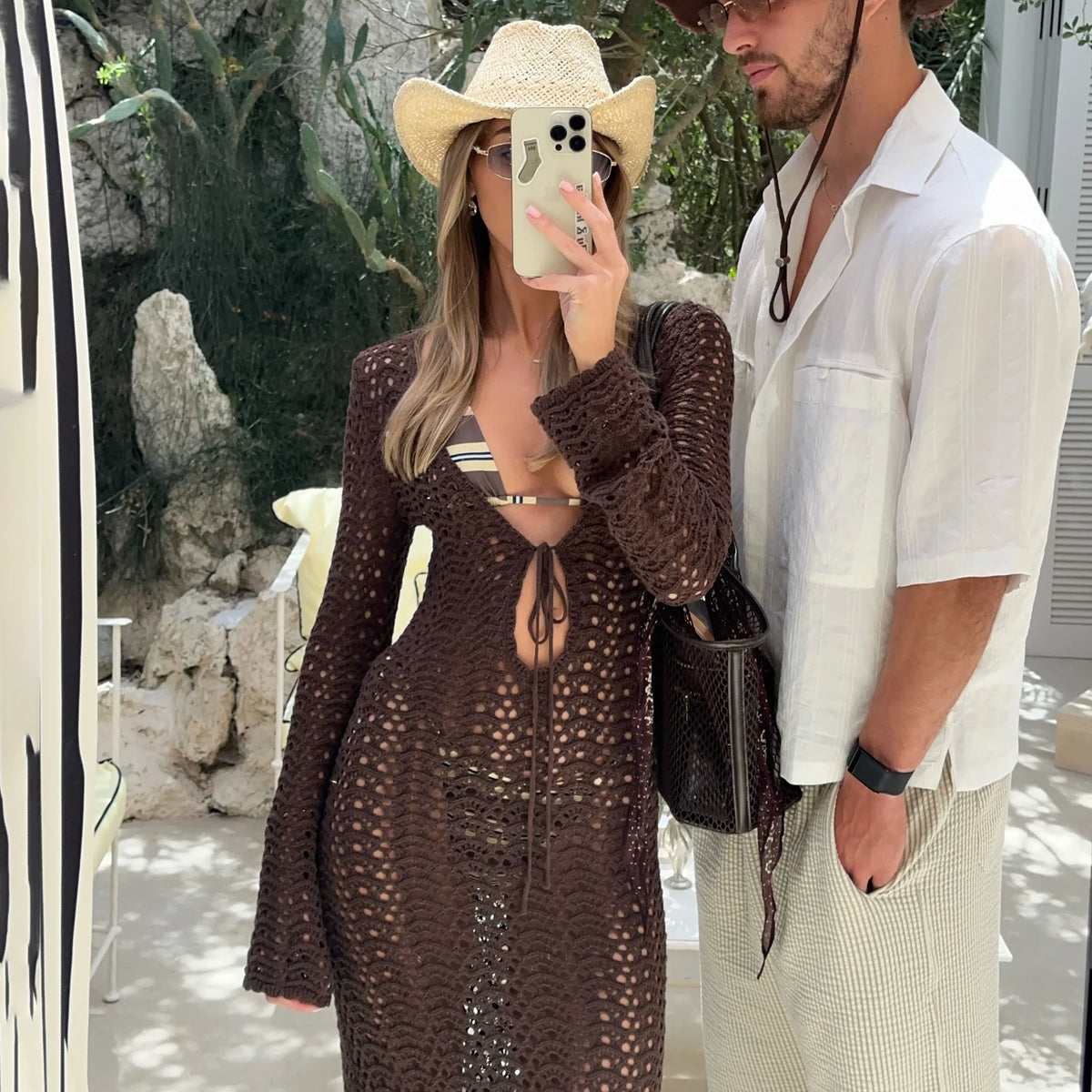 Sexy Bikini Cover Up Lace Hollow Crochet Swimsuit Beach Dress Women 2025 Summer Cover-Ups Coffee Bathing Suit Beach Wear Tunic - Matrix Studios