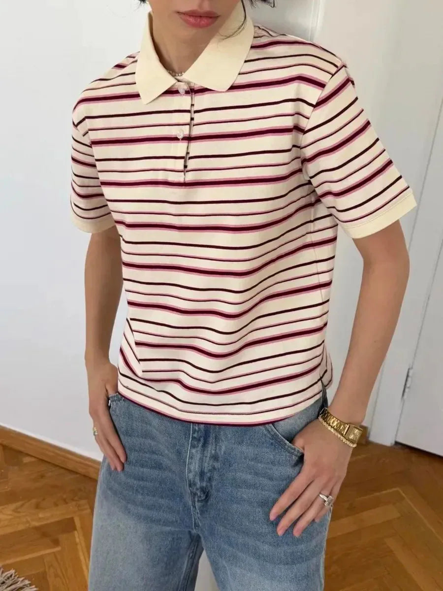 Bornladies Summer 2025 New Women's Retro Striped Polo Short Sleeve T-Shirt Loose Knitted Casual Top - Stylish Flattering Fit - Matrix-studios.com