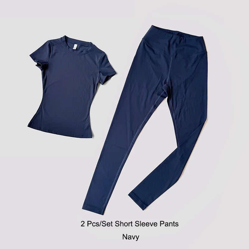 Quick-Drying Gym Leggings Set Sport Suit Short Sleeve Breathable Stretchy Slim Fitness Active Top Tight Gym Set - Matrix-studios.com