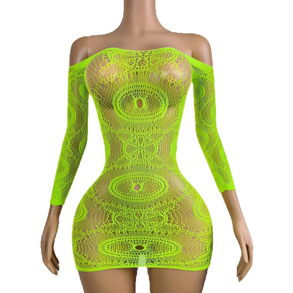 1PC Women Fishnet Cover Up Without Bikini Sexy Lingerie See Through Hollow Out Bodycon Dress Long Sleeve Beachwear Qq568 - Matrix Studios