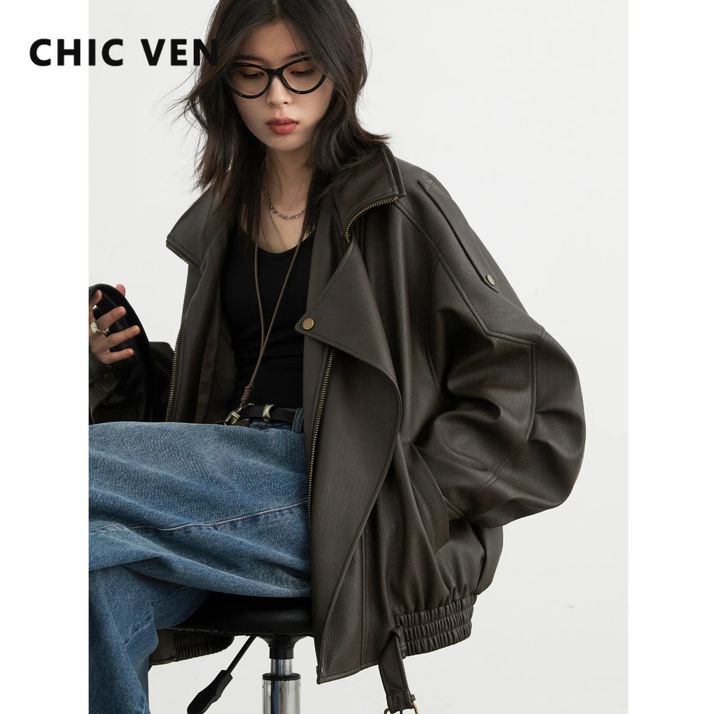 CHIC VEN Woman PU Jacket Solid Loose New Retro Standing Collar Motorcycle Faux Leather Coat Female Top Spring Autumn 2026 - Matrix Studios