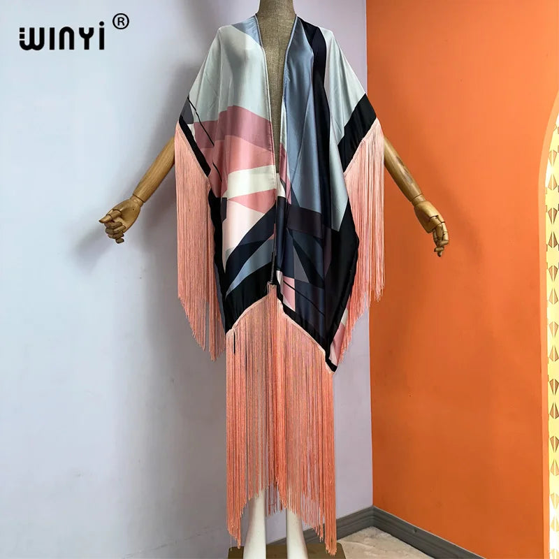 WINYI Kimono Cover-ups Summer Boho Print Bikini Cover-up Elegant Fashion Cardigan Sexy Holiday Long Sleeve Tassels Maxi Dress - Matrix Studios