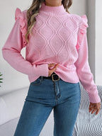 Fall Mushroom Edge Long Sleeve Stand Up Collar Sweater for Women Stylish Loose Solid Color Pullover Casual Ruffled Sweaters Tops - Matrix Studios