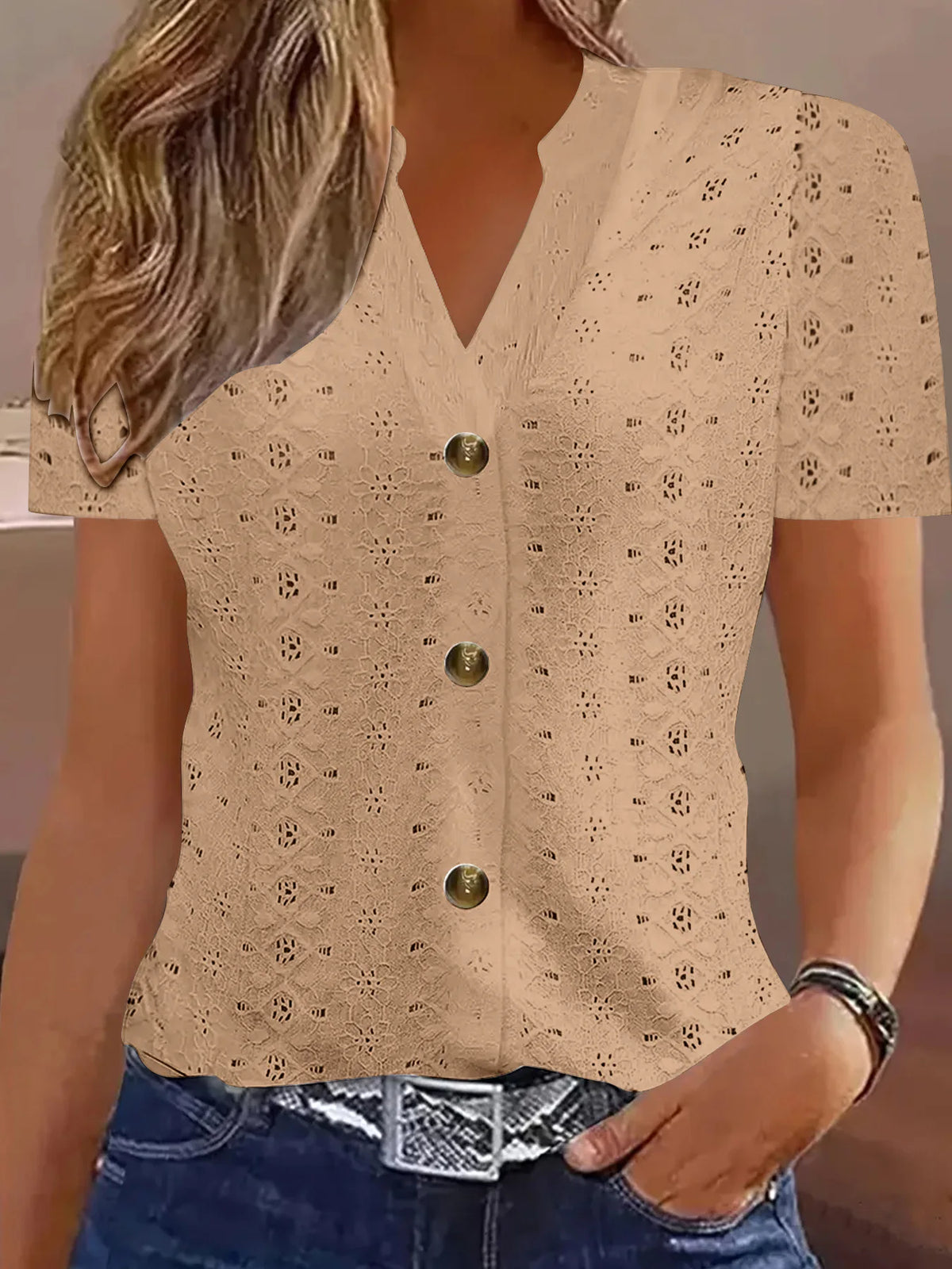 Y2k Tops Women's Summer Blouse Casual V-Neck Button Short Sleeve Tops Elegant Fashion Blouses Casual Loose Solid Colors Shirts - Matrix-studios.com
