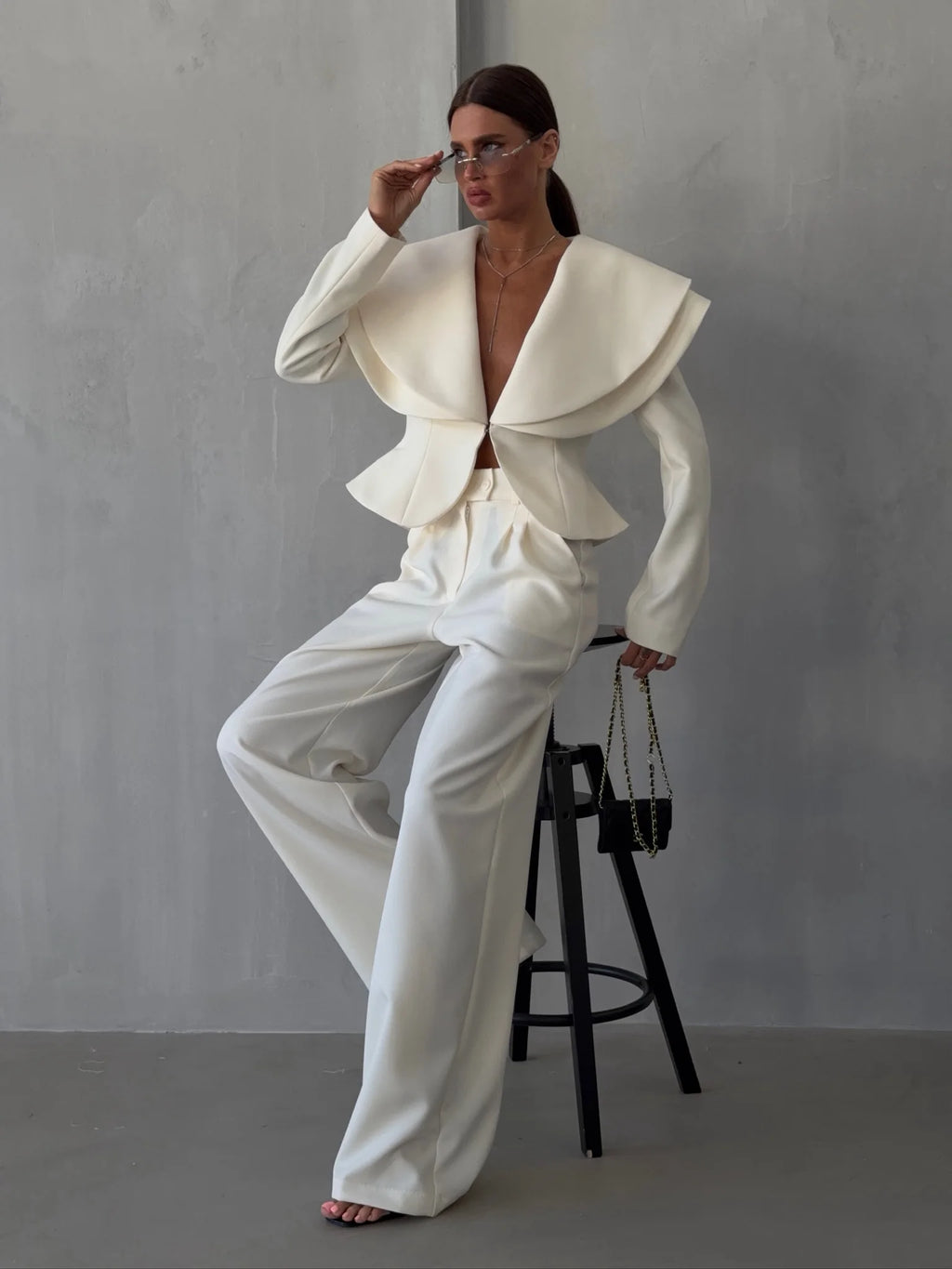 Laur 2026 Oversized Double Layer Lapel Cropped Blazer Two Piece Set High Waist Wide Leg Trousers Elegant Formal Matching Outfit - Matrix-studios.com