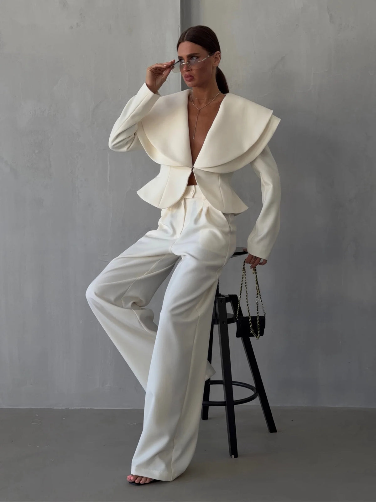 Laur 2026 Oversized Double Layer Lapel Cropped Blazer Two Piece Set High Waist Wide Leg Trousers Elegant Formal Matching Outfit - Matrix-studios.com