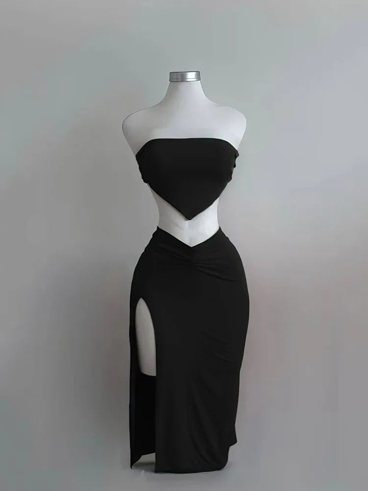 Strapless Backless Crop Top High Waist Skirt 2 Piece Set Women Summer Sexy Slim Fit Split Midi Dress Tube Suits Party Club Sets - Matrix-studios.com