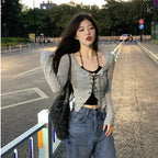 Korean Two Piece Set Lace-up Cardigan with Cami Women's Sexy Slim Y2K Crop Long Sleeve Criss Cross Knit Tops Acubi Outfit - Matrix Studios