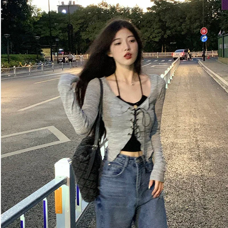 Korean Two Piece Set Lace-up Cardigan with Cami Women's Sexy Slim Y2K Crop Long Sleeve Criss Cross Knit Tops Acubi Outfit - Matrix Studios