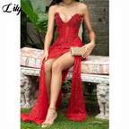 Lily Red Formal Dress Shiny Sequined Deep V-Neck Evening Gown Bead-Embellished Fringe and Side Split Prom Dresses Customized - Matrix-studios.com