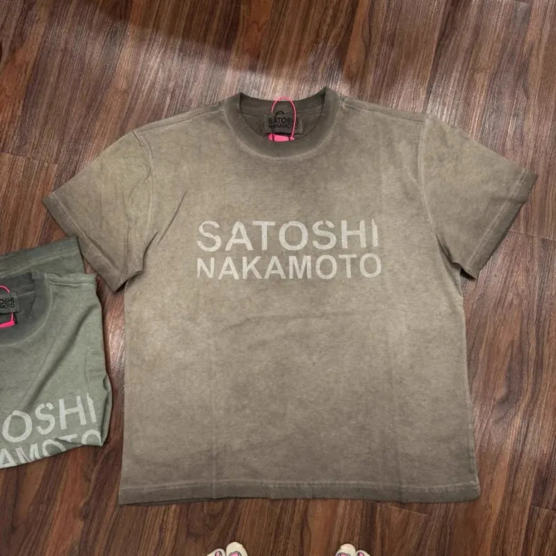 Summer High Streetwear Vintage Washed Worn Fading Classic Letter SATOSHI Tshirts Men Women Cyberpunk Short Sleeve Y2K Tops - Matrix-studios.com