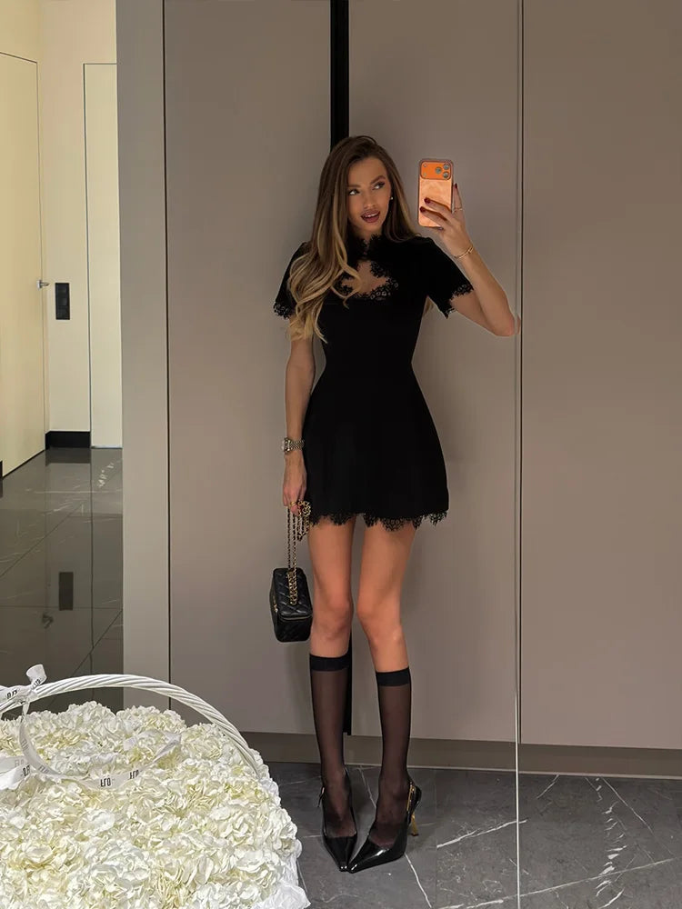 Ahagaga Sexy Women's Mini Dresses Patchwork Short Sleeves Lace Hollow Out Slim Fit Trend Baisc Turtleneck Streetwear Female Robe - Matrix-studios.com