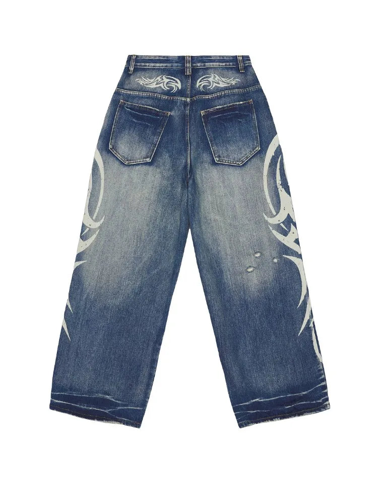 Deeptown Vintage Y2k Ripped Jeans Women Harajuku Print Blue Baggy Distressed Denim Trousers Hip Hop Grunge Streetwear Wide Jeans - Matrix-studios.com