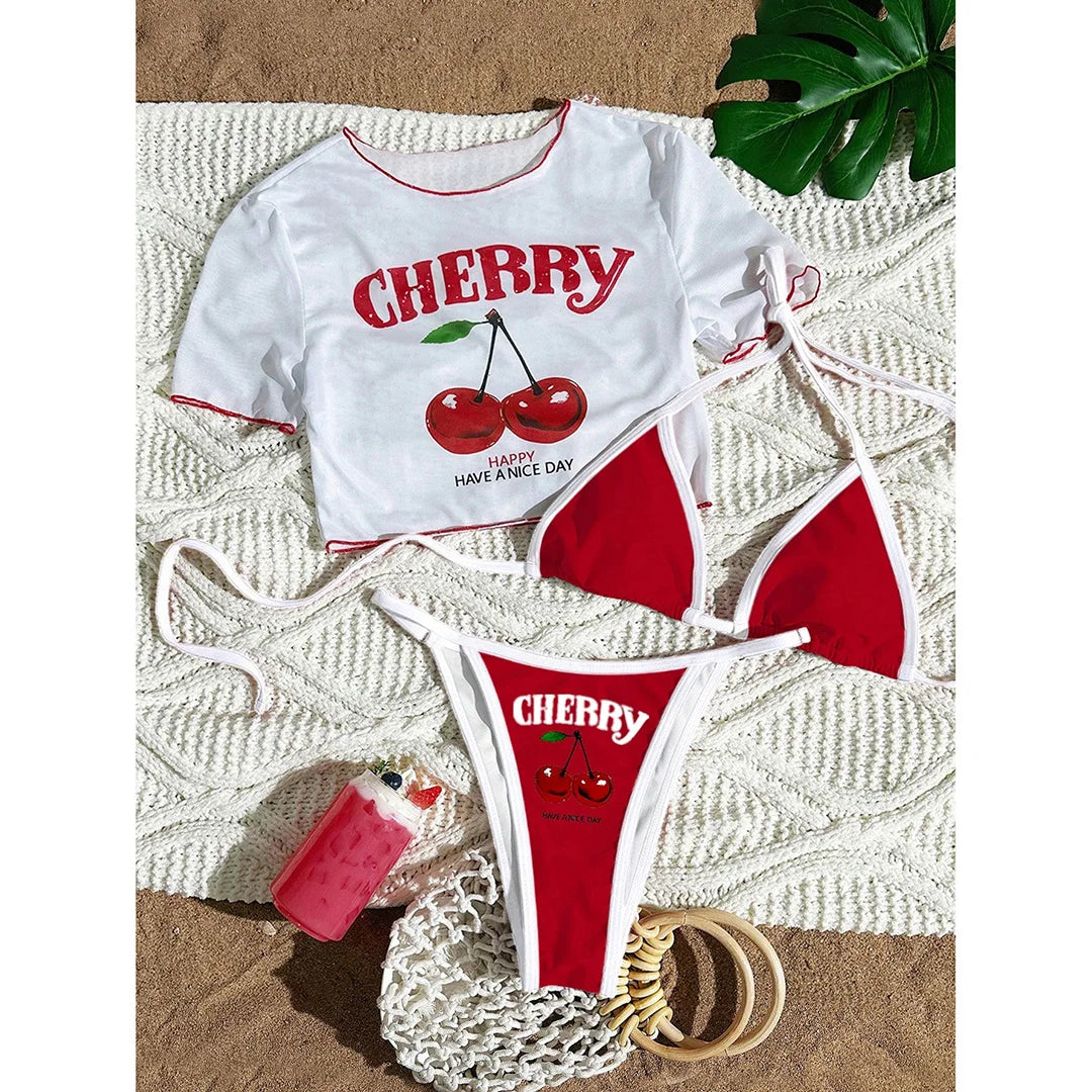 S -XL Cherry Printed Short Sleeve Bikini Female Swimsuit Women Swimwear Three-Pieces Bikini Set Bather Bathing Suit Swim V6854 - Matrix-studios.com