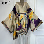 WINYI Summer Beach Outfits Women Swim Suit Cover Up Kaftan Boho Cardigan Stitch Self Belt Sexy Holiday Long Sleeve Print Kimono - Matrix Studios