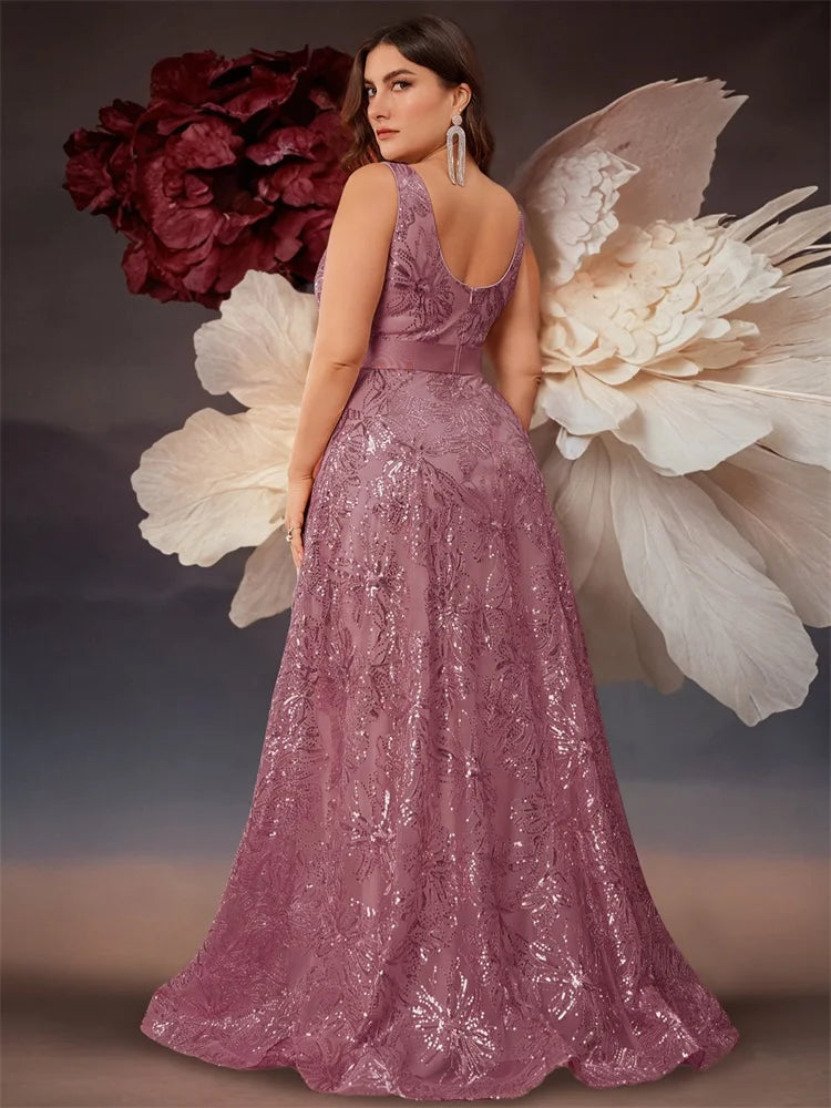 Plus Size Luxury Deep V-Neck Sequins Blue Evening Dress Women Elegant V-back Wedding Party Long Prom Cocktail Dresses - Matrix Studios