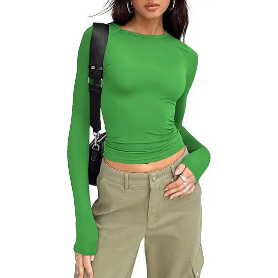 1pcs Four Seasons Fashion Senior Women T-shirt Long Sleeve Crew Neck Solid Slim Fit Tee Ladies Crop Top  Daily Streetwear Camis - Matrix-studios.com