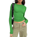 1pcs Four Seasons Fashion Senior Women T-shirt Long Sleeve Crew Neck Solid Slim Fit Tee Ladies Crop Top  Daily Streetwear Camis - Matrix-studios.com