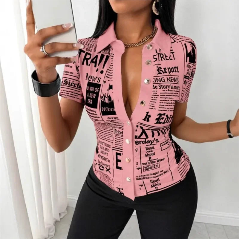 Women's Elegant Blouses Summer Fashion Newspaper Pattern Print Single Breasted Short Sleeve Women Shirt V-neck Casual Tops Shirt - Matrix-studios.com