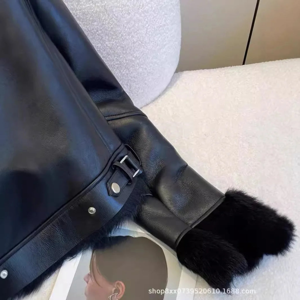 Faux PU Leather Coats Women Fur Collar Coat Thick Warm Short Jackets Spring Streetwear Button Open Stitch Jacket Autumn Winter - Matrix Studios