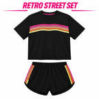 Women's 2 Piece Tracksuit Set Short Sleeve Crew Neck T Shirt and Elastic Waist Shorts Retro Rainbow Striped Casual Athletic Wear Matching Outfit Relaxed Fit for Gym Running Daily Streetwear Summer Spring