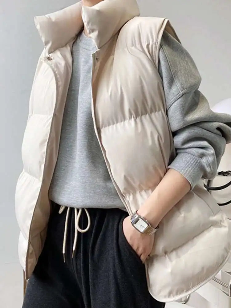 SHENGPALAE Fashion Contton Vest Women's 2026 Autumn Stand Collar Single Breasted Sleeveless Loose Solid Color Waistcoat 5E4841 - Matrix Studios