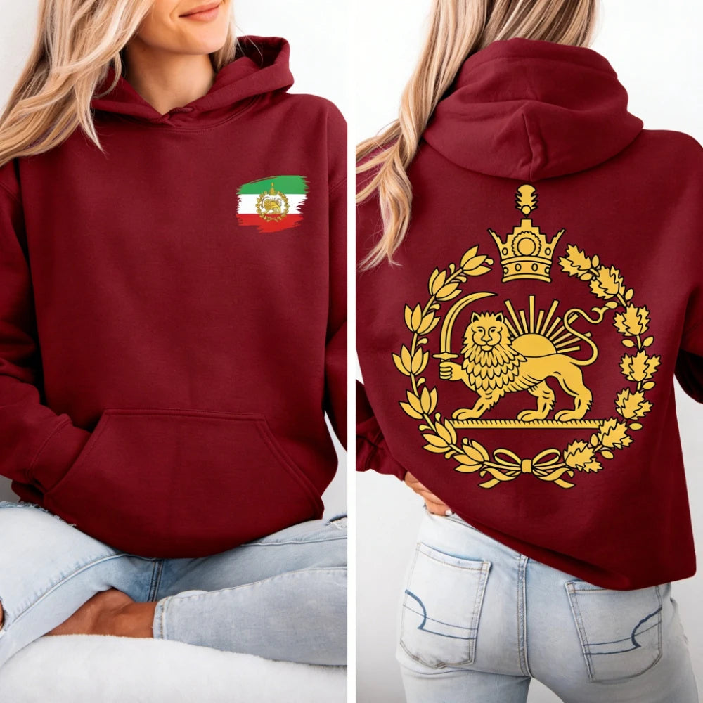 Lion and Sun Iran Hooded Tops Persian Flag Graphic Duplex Printing Clothing Shir-o-Khorshid Emblem Pullover Men Women Hoodies - Matrix Studios
