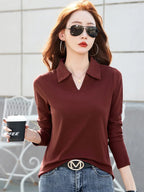 New Women Spring Summer Long Sleeve Cotton T-shirt Fashion Turn-down Collar Loose Polo Tees Simplicity Casual Basic T-shirt - Matrix-studios.com