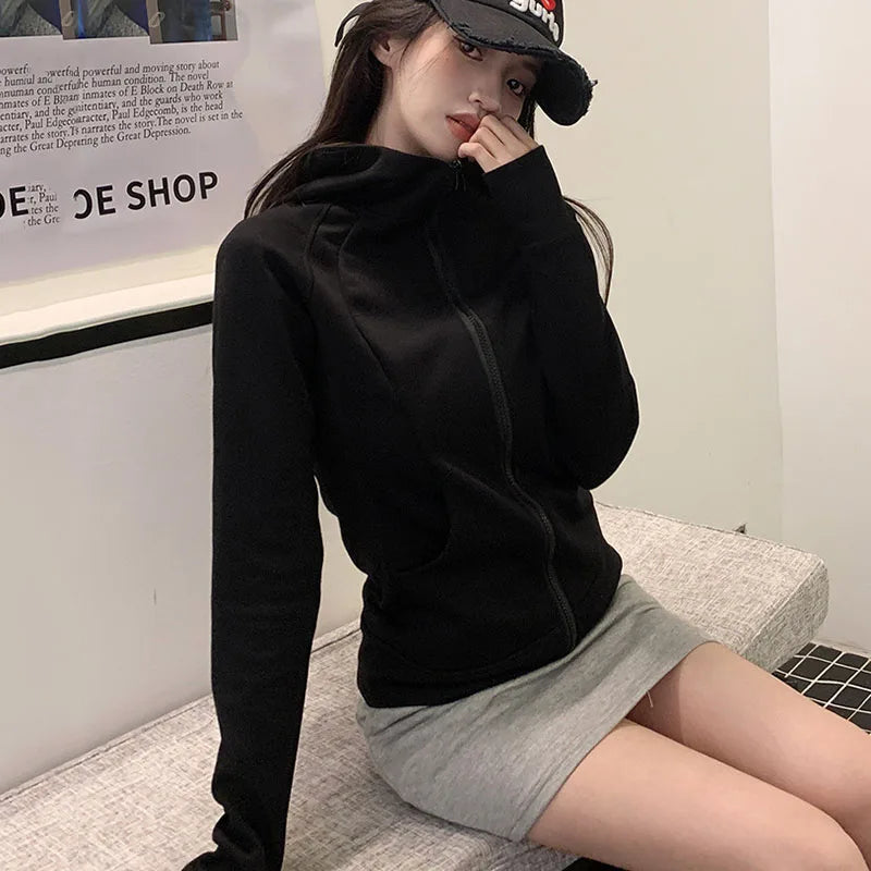 Gray Zipper Hooded Sweatshirt Women 2026 New Korean Slim Fit Cardigan Long Sleeve Coat Woman Solid Pockets Sports Hoodies Jacket - Matrix Studios